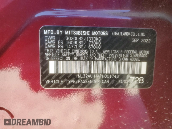 2023 Mitsubishi Mirage ES z VIN ML32AUHJ4PH001743, wystawiony jako Copart lot #48031455 z przebiegiem 16 832 mil mil oraz Szkoda całkowita • Salvage title. Historia ofert i sprzedaży dostępna na DreamBid. Obrazek 14.