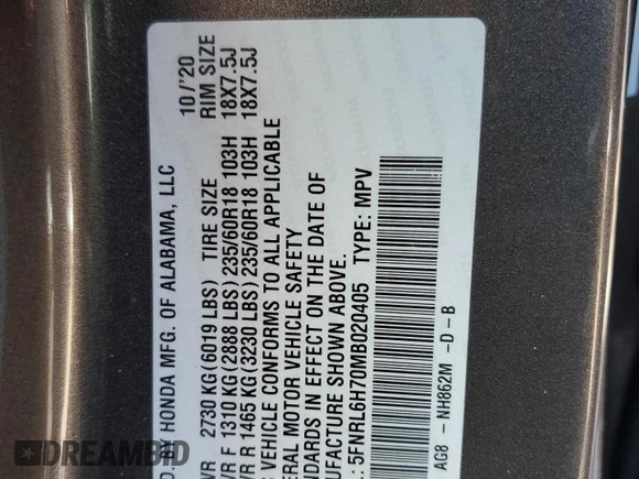 2021 Honda Odyssey EX-L with VIN 5FNRL6H70MB020405, listed as a Copart auction lot 46186085 with 61,300 mi miles and Salvage Title. Bid and sale history available at DreamBid. Image 14.