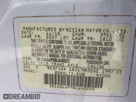 2011 Nissan Sentra SR with VIN 3N1AB6AP9BL640522, listed as a IAAI auction lot 42050309 with 160,867 mi miles and . Bid and sale history available at DreamBid. Image 9.