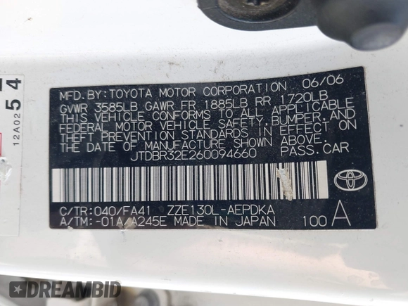 2006 Toyota Corolla CE with VIN JTDBR32E260094660, listed as a IAAI auction lot 42138529 with 241,699 mi miles and . Bid and sale history available at DreamBid. Image 9.