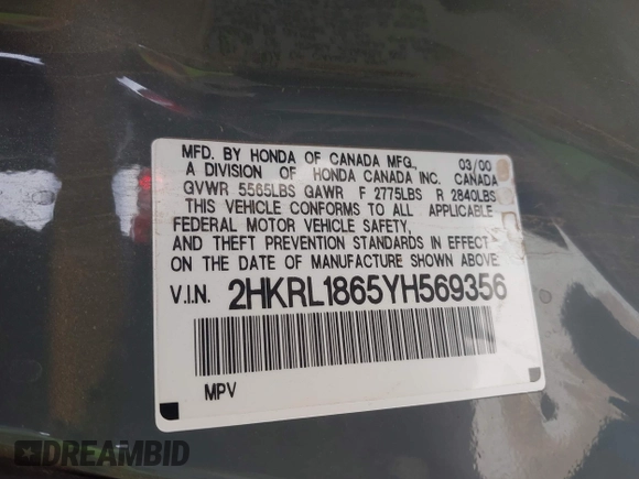 2000 Honda Odyssey EX with VIN 2HKRL1865YH569356, listed as a IAAI auction lot 42257861 with Not provided miles and . Bid and sale history available at DreamBid. Image 9.
