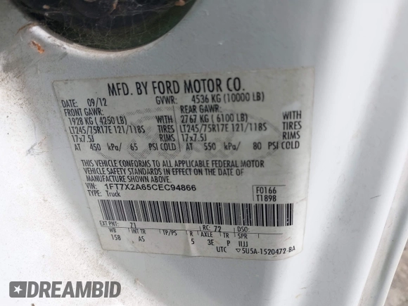 2012 Ford F-250 XL with VIN 1FT7X2A65CEC94866, listed as a IAAI auction lot 42110466 with 234,675 mi miles and . Bid and sale history available at DreamBid. Image 9.