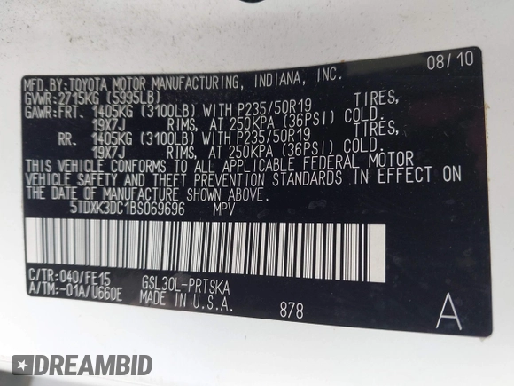 2011 Toyota Sienna SE with VIN 5TDXK3DC1BS069696, listed as a IAAI auction lot 41976857 with 160,994 mi miles. Bid and sale history available at carsss.com. Image 9.
