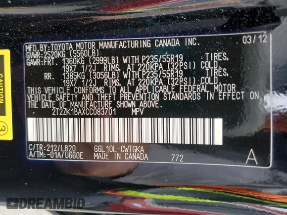 2012 Lexus RX 350 с VIN 2T2ZK1BAXCC083701, выставлен на аукционе Copart как лот 63534115 с пробегом 149 291 миль миль и Списание • Salvage title. История ставок и продаж доступна на DreamBid. Изображение 13.