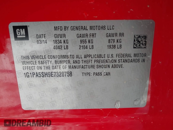 2014 Chevrolet Cruze LS with VIN 1G1PA5SH9E7320758, listed as a IAAI auction lot 41834500 with 214,512 mi miles and . Bid and sale history available at DreamBid. Image 9.