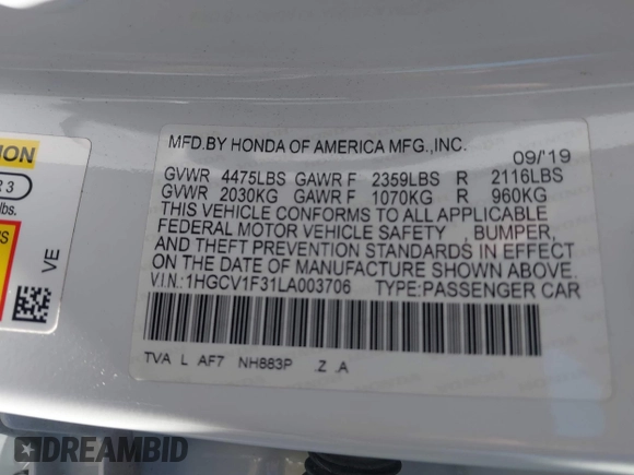 2020 Honda Accord Sport with VIN 1HGCV1F31LA003706, listed as a IAAI auction lot 42626232 with 67,758 mi miles and . Bid and sale history available at DreamBid. Image 9.
