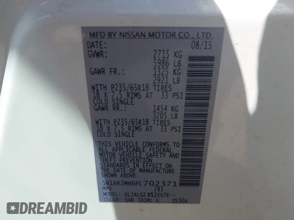 2015 Nissan Pathfinder S с VIN 5N1AR2MN6FC702371, выставлен на аукционе IAAI как лот 41988029 с пробегом 129 673 миль миль и . История ставок и продаж доступна на DreamBid. Изображение 9.