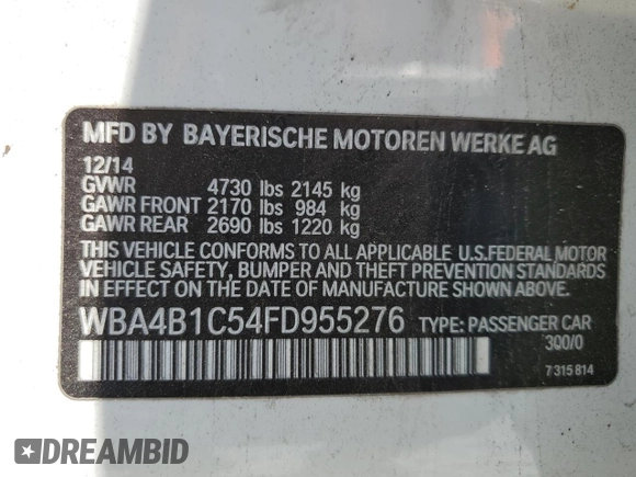 2015 BMW 4 Series 435i with VIN WBA4B1C54FD955276, listed as a Copart auction lot 53487175 with 138,549 mi miles and Clean Title. Bid and sale history available at carsss.com. Image 12.