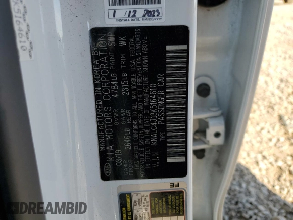 2019 Kia Cadenza Technology with VIN KNALC4J13K5164610, listed as a Copart auction lot 77636284 with 48,268 mi miles and Salvage Title. Bid and sale history available at carsss.com. Image 12.