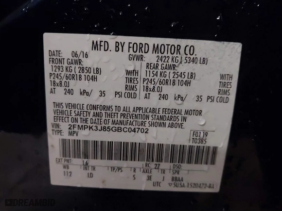 2016 Ford Edge SEL with VIN 2FMPK3J85GBC04702, listed as a IAAI auction lot 41565815 with 90,105 mi miles. Bid and sale history available at carsss.com. Image 9.