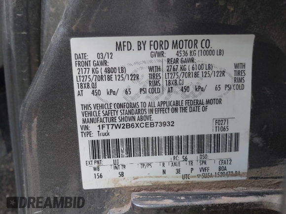 2012 Ford F-250 XL с VIN 1FT7W2B6XCEB73932, выставлен на аукционе IAAI как лот 41120517 с пробегом Не указан миль и . История ставок и продаж доступна на DreamBid. Изображение 9.