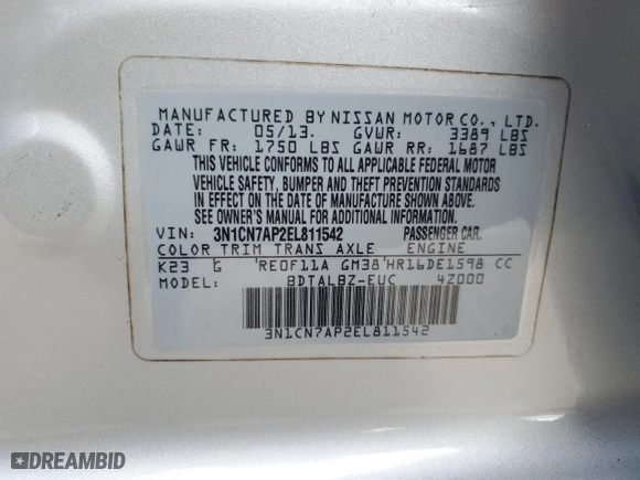 2014 Nissan Versa S Plus with VIN 3N1CN7AP2EL811542, listed as a Copart auction lot 43916945 with 121,994 mi miles and Clean Title. Bid and sale history available at carsss.com. Image 12.
