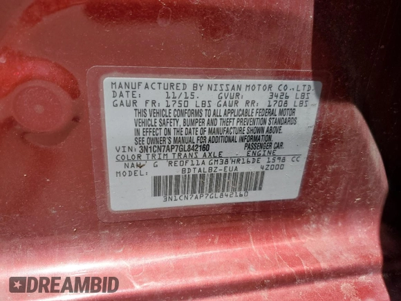2016 Nissan Versa S with VIN 3N1CN7AP7GL842160, listed as a Copart auction lot 61683295 with 60,600 mi miles and Salvage title. Bid and sale history available at DreamBid. Image 13.