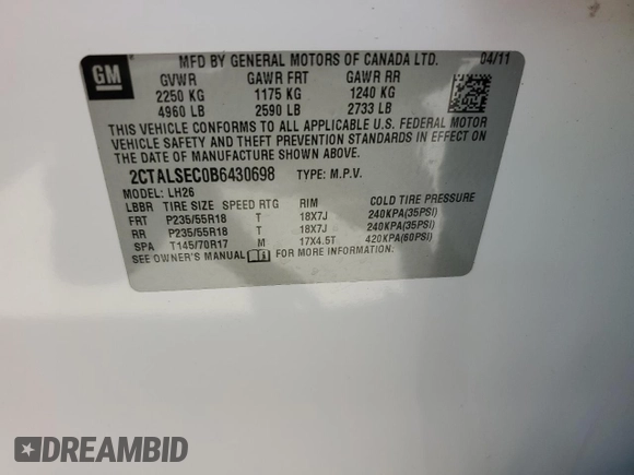 2011 GMC Terrain SLE-2 with VIN 2CTALSEC0B6430698, listed as a Copart auction lot 55236695 with 111,802 mi miles and Clean Title. Bid and sale history available at DreamBid. Image 12.