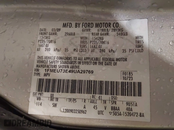 2009 Ford Explorer XLT с VIN 1FMEU73E49UA29769, выставлен на аукционе IAAI как лот 42297415 с пробегом 106 170 миль миль и . История ставок и продаж доступна на DreamBid. Изображение 9.