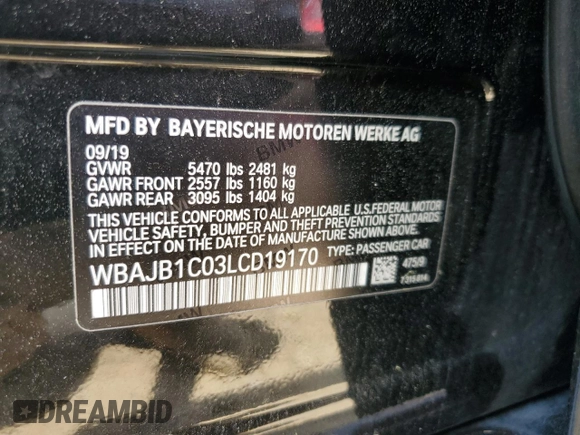 2020 BMW 5 Series with VIN WBAJB1C03LCD19170, listed as a Copart auction lot 64942594 with 66,584 mi miles and Salvage title. Bid and sale history available at DreamBid. Image 12.