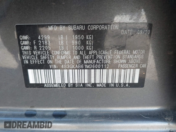2021 Subaru Impreza z VIN 4S3GKAB61M3600112, wystawiony jako IAAI lot #40764315 z przebiegiem 48 209 mil mil oraz . Historia ofert i sprzedaży dostępna na DreamBid. Obrazek 9.