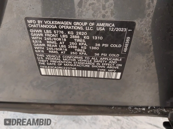 2024 Volkswagen Atlas SE z VIN 1V2LE2CA2RC223746, wystawiony jako IAAI lot #41609344 z przebiegiem 14 633 mil mil oraz . Historia ofert i sprzedaży dostępna na DreamBid. Obrazek 9.