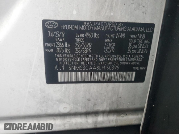 2020 Hyundai Santa Fe SEL with VIN 5NMS3CAA8LH150399, listed as a Copart auction lot 43323105 with 57,781 mi miles and Salvage Title. Bid and sale history available at carsss.com. Image 14.
