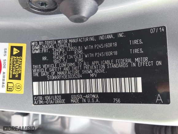 2014 Toyota Highlander XLE with VIN 5TDKKRFH3ES035284, listed as a IAAI auction lot 41909877 with 112,468 mi miles. Bid and sale history available at carsss.com. Image 9.