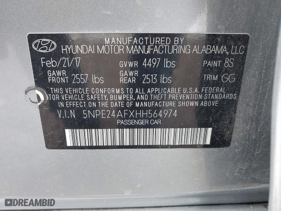 2017 Hyundai Sonata SE with VIN 5NPE24AFXHH564974, listed as a IAAI auction lot 39409674 with 1 mi miles. Bid and sale history available at carsss.com. Image 9.