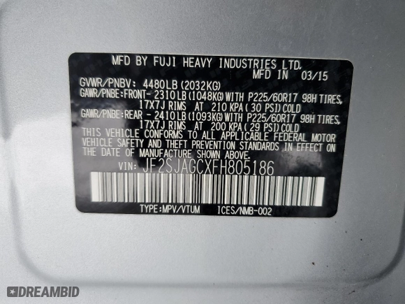 2015 Subaru Forester 2.5i Premium with VIN JF2SJAGCXFH805186, listed as a Copart auction lot 82694954 with 56,820 mi miles and Salvage Title. Bid and sale history available at carsss.com. Image 12.