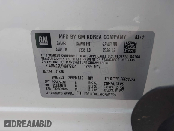 2021 Buick Encore GX Select с VIN KL4MMESL4MB172854, выставлен на аукционе IAAI как лот 42246117 с пробегом 104 445 миль миль и . История ставок и продаж доступна на DreamBid. Изображение 9.