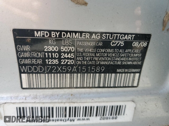 2009 Mercedes-Benz CLS 550 with VIN WDDDJ72X59A151589, listed as a Copart auction lot 55443365 with 184,996 mi miles and Salvage title. Bid and sale history available at DreamBid. Image 12.