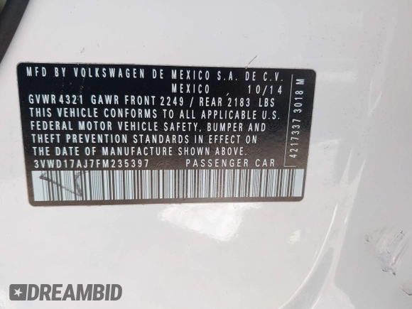 2015 Volkswagen Jetta SE with VIN 3VWD17AJ7FM235397, listed as a IAAI auction lot 40158694 with 205,163 mi miles and . Bid and sale history available at DreamBid. Image 9.