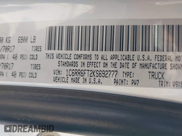 2019 Ram 1500 Classic Tradesman with VIN 1C6RR6FT2KS692777, listed as a IAAI auction lot 41250291 with 89,096 mi miles. Bid and sale history available at carsss.com. Image 9.