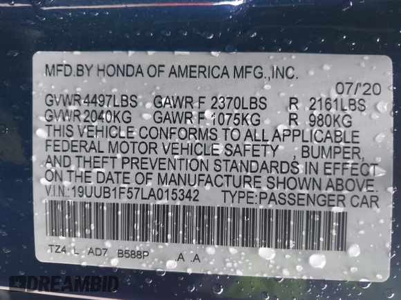 2020 Acura TLX w/Technology Pkg with VIN 19UUB1F57LA015342, listed as a IAAI auction lot 41553319 with 18,111 mi miles. Bid and sale history available at carsss.com. Image 9.