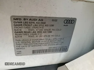 2022 Audi Q5 Premium with VIN WA1ABAFY5N2091340, listed as a Copart auction lot 81813484 with 29,658 mi miles and Salvage title. Bid and sale history available at DreamBid. Image 13.