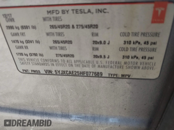 2017 Tesla Model X 90D z VIN 5YJXCAE25HF077689, wystawiony jako IAAI lot #42138029 z przebiegiem 71 574 mil mil oraz . Historia ofert i sprzedaży dostępna na DreamBid. Obrazek 9.