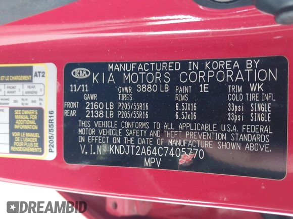 2012 Kia Soul + with VIN KNDJT2A64C7405770, listed as a IAAI auction lot 42107061 with 212,076 mi miles and . Bid and sale history available at DreamBid. Image 9.