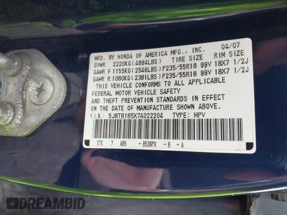 2007 Acura RDX Technology with VIN 5J8TB185X7A022204, listed as a IAAI auction lot 42259721 with 247,132 mi miles and . Bid and sale history available at DreamBid. Image 9.