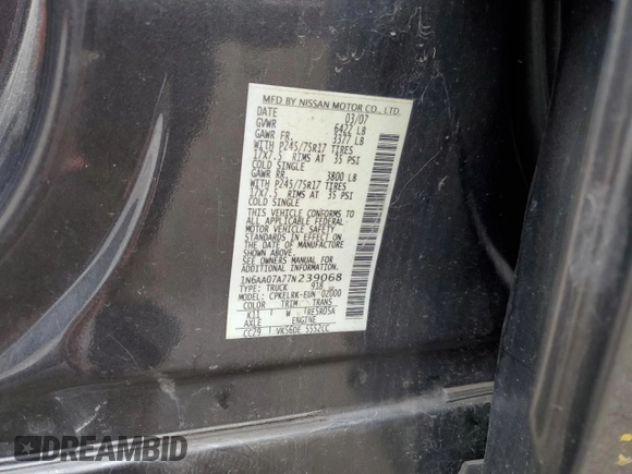 2007 Nissan Titan XE with VIN 1N6AA07A77N239068, listed as a Copart auction lot 78832254 with Not Provided miles and Salvage Title. Bid and sale history available at DreamBid. Image 14.