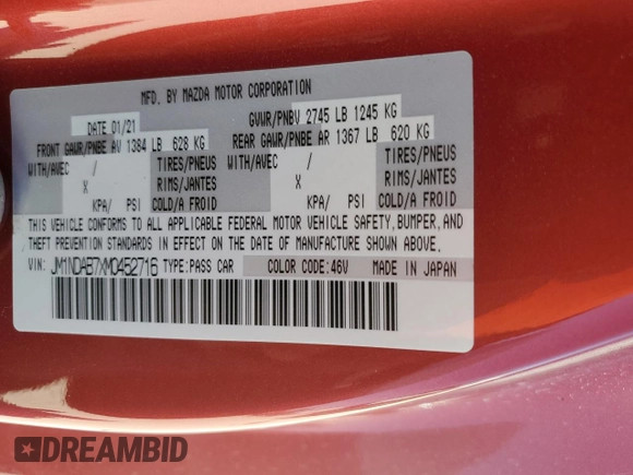 2021 Mazda MX-5 Miata Sport with VIN JM1NDAB7XM0452716, listed as a Copart auction lot 48001955 with 19,168 mi miles and Salvage title. Bid and sale history available at DreamBid. Image 13.