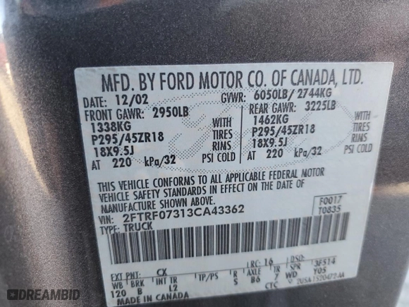 2003 Ford F-150 Lightning with VIN 2FTRF07313CA43362, listed as a Copart auction lot 87544765 with 98,589 mi miles and Salvage Title. Bid and sale history available at carsss.com. Image 13.