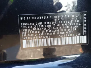 2019 Volkswagen Golf SportWagen S with VIN 3VWY57AU6KM507092, listed as a IAAI auction lot 41923298 with 65,900 mi miles. Bid and sale history available at carsss.com. Image 9.