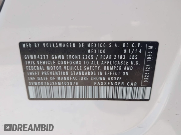 2014 Volkswagen Jetta Sedan SE w/Connectivity with VIN 3VWD07AJ3EM403876, listed as a IAAI auction lot 41209426 with 155,336 mi miles. Bid and sale history available at carsss.com. Image 9.