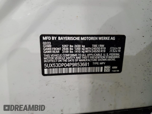 2023 BMW X3 xDrive30i with VIN 5UX53DP04P9R53681, listed as a Copart auction lot 49039085 with 20,855 mi miles and Salvage Title. Bid and sale history available at carsss.com. Image 13.