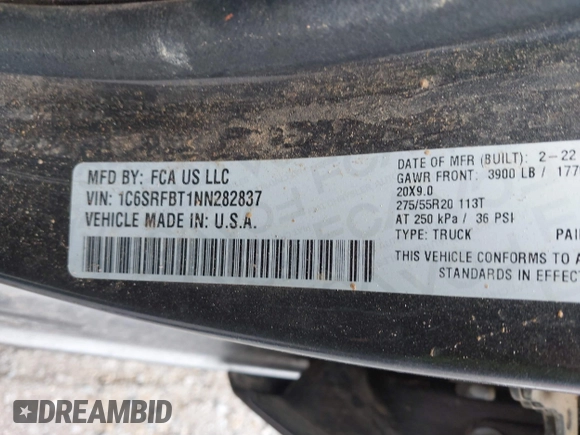 2022 Ram 1500 Big Horn z VIN 1C6SRFBT1NN282837, wystawiony jako IAAI lot #41492037 z przebiegiem 75 034 mil mil oraz . Historia ofert i sprzedaży dostępna na DreamBid. Obrazek 9.