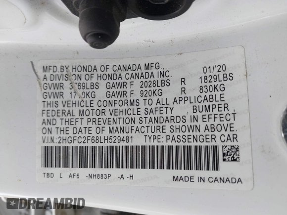 2020 Honda Civic LX with VIN 2HGFC2F68LH529481, listed as a IAAI auction lot 41163997 with Not Provided miles and . Bid and sale history available at DreamBid. Image 9.