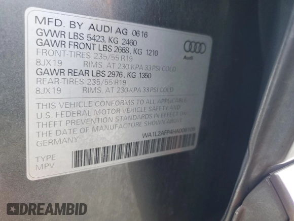 2017 Audi Q5 Premium Plus with VIN WA1L2AFP4HA006109, listed as a Copart auction lot 57851885 with 73,646 mi miles and Salvage title. Bid and sale history available at DreamBid. Image 13.