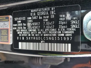 2022 Kia Sorento LX z VIN 5XYRGDLC5NG151997, wystawiony jako Copart lot #49039095 z przebiegiem 30 886 mil mil oraz Szkoda całkowita • Salvage title. Historia ofert i sprzedaży dostępna na DreamBid. Obrazek 14.