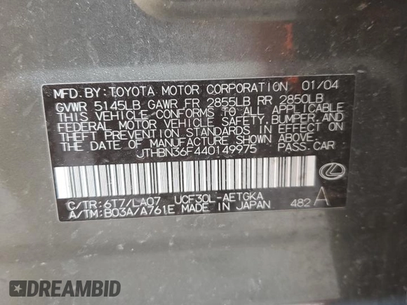 2004 Lexus LS 430 with VIN JTHBN36F440149975, listed as a Copart auction lot 49853965 with Not Provided miles and Salvage Title. Bid and sale history available at DreamBid. Image 12.
