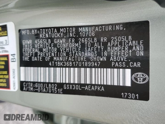 2007 Toyota Avalon XL with VIN 4T1BK36B17U189947, listed as a Copart auction lot 55127595 with 93,903 mi miles and Salvage Title. Bid and sale history available at DreamBid. Image 12.