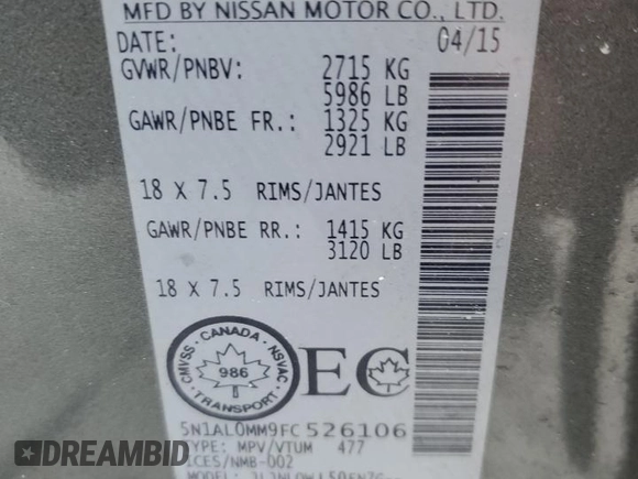 2015 Infiniti QX60 with VIN 5N1AL0MM9FC526106, listed as a Copart auction lot 48844745 with Not Provided miles and Non Repairable. Bid and sale history available at DreamBid. Image 13.