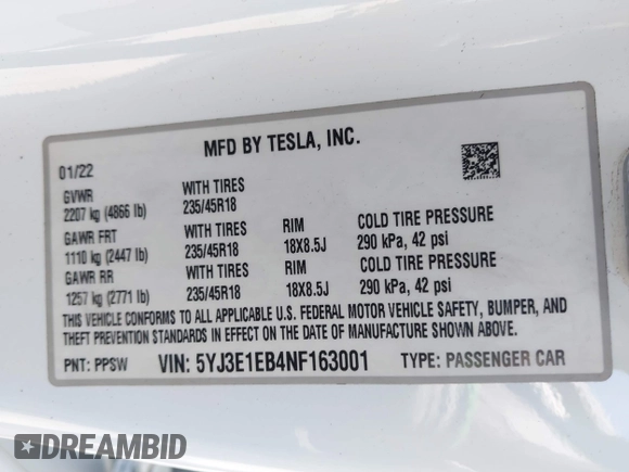 2022 Tesla Model 3 Long Range z VIN 5YJ3E1EB4NF163001, wystawiony jako IAAI lot #42211705 z przebiegiem 53 487 mil mil oraz . Historia ofert i sprzedaży dostępna na DreamBid. Obrazek 9.