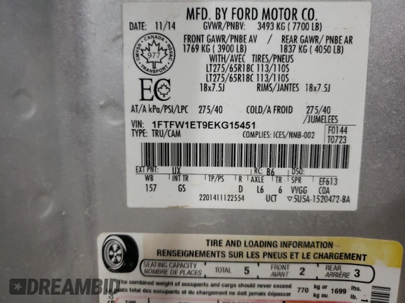 2014 Ford F-150 XL with VIN 1FTFW1ET9EKG15451, listed as a Copart auction lot 60040755 with 167,159 mi miles and Clean title. Bid and sale history available at DreamBid. Image 12.